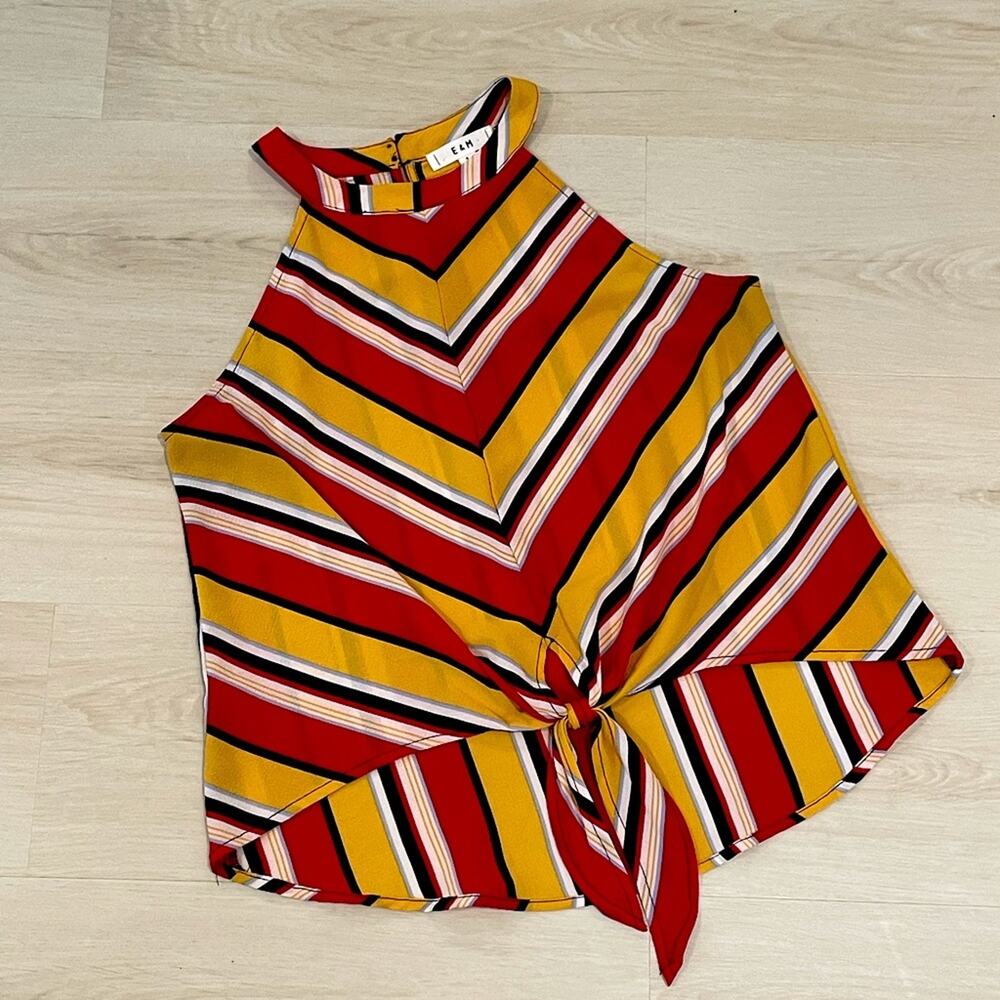E&M Sleeveless Tie Front Halter Neck Blouse Red Yellow White - Small LIKE NEW